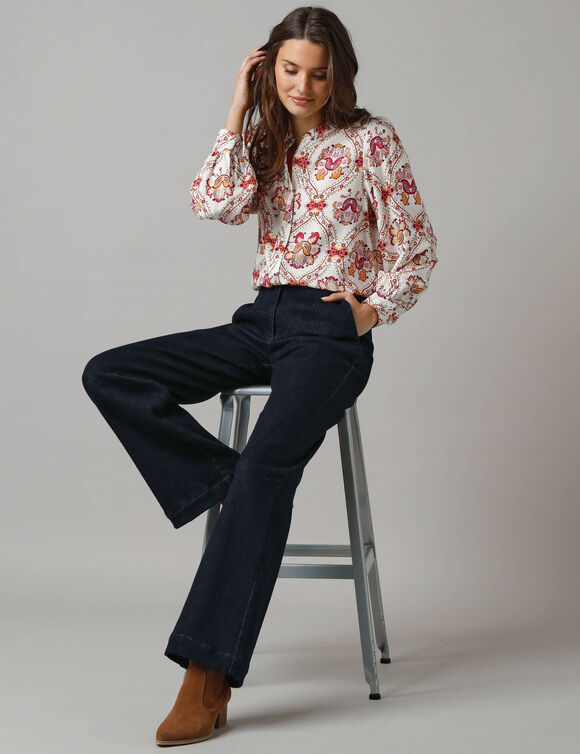 Chemisier col volanté, manches bouffantes, imprimé fleuri (écru) Chemisier col volanté, manches bouffantes, imprimé fleuri (écru)